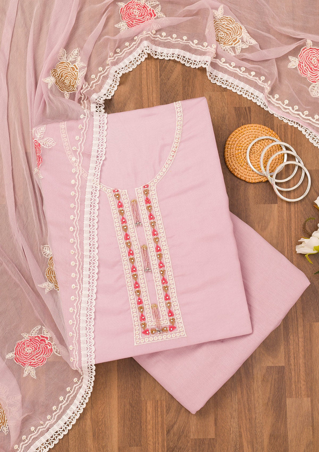 Lavender Threadwork Georgette Unstitched Salwar Suit-Koskii