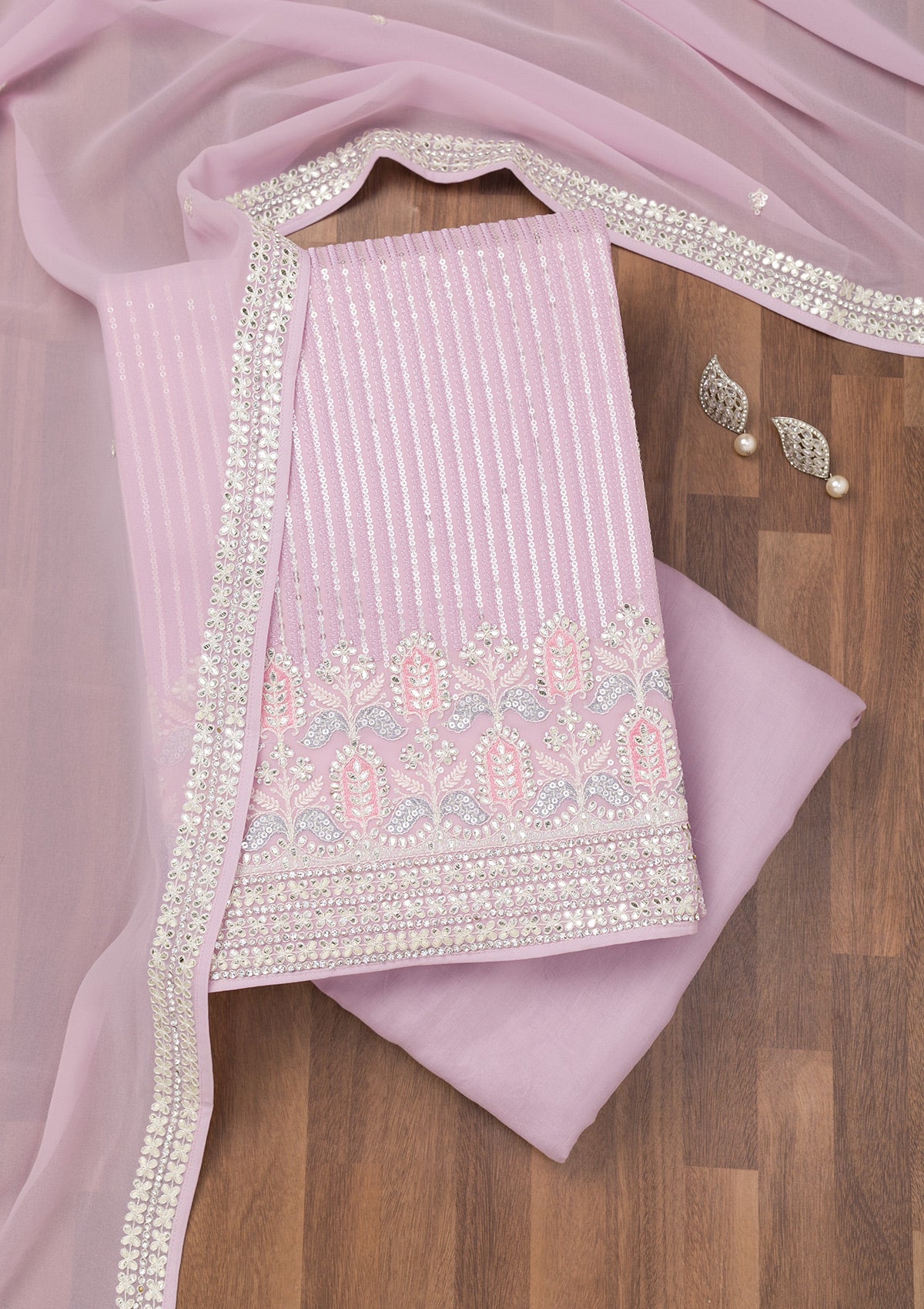 Lavender Threadwork Georgette Unstitched Salwar Suit-Koskii