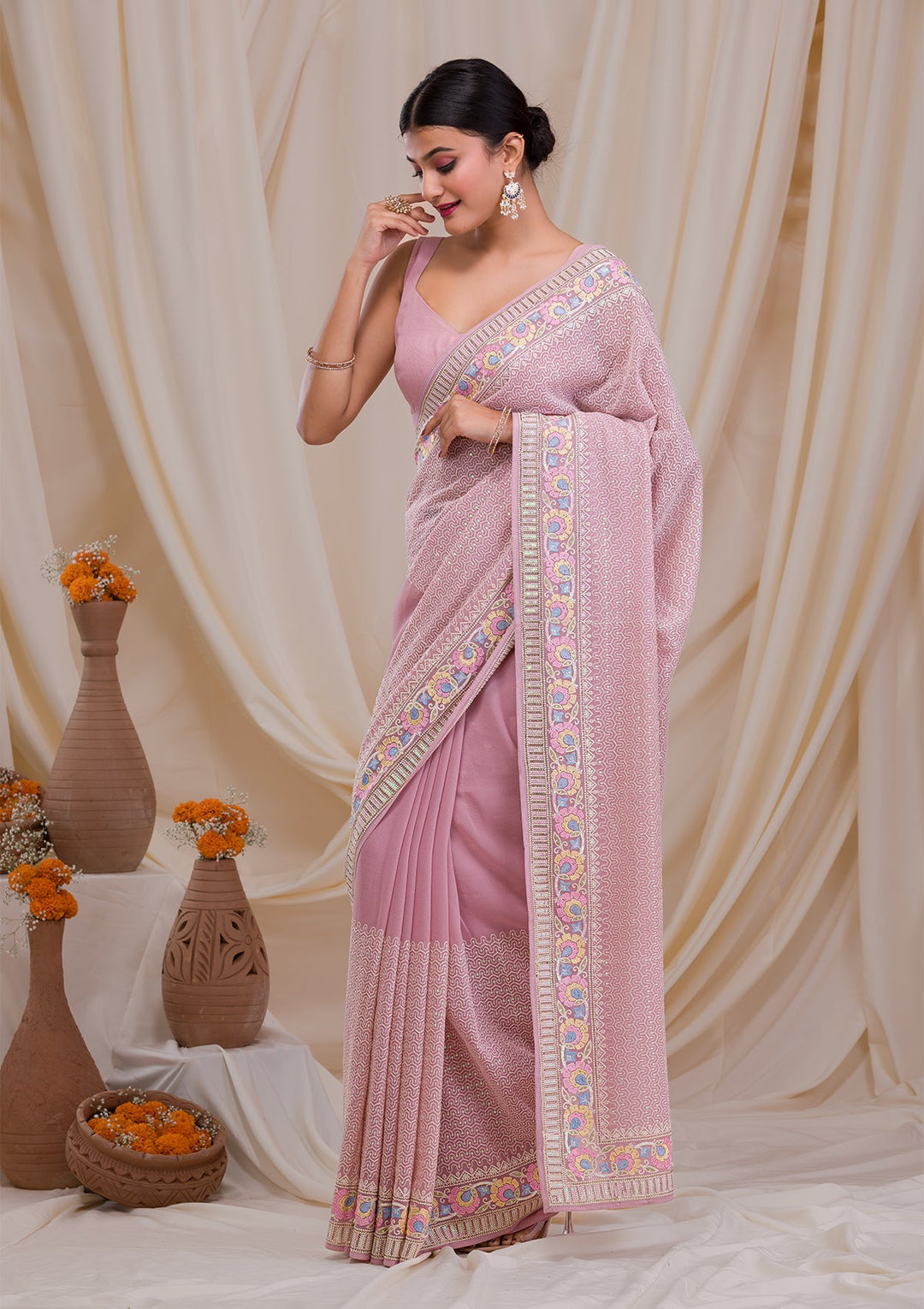 Lavender Threadwork Georgette Saree-Koskii