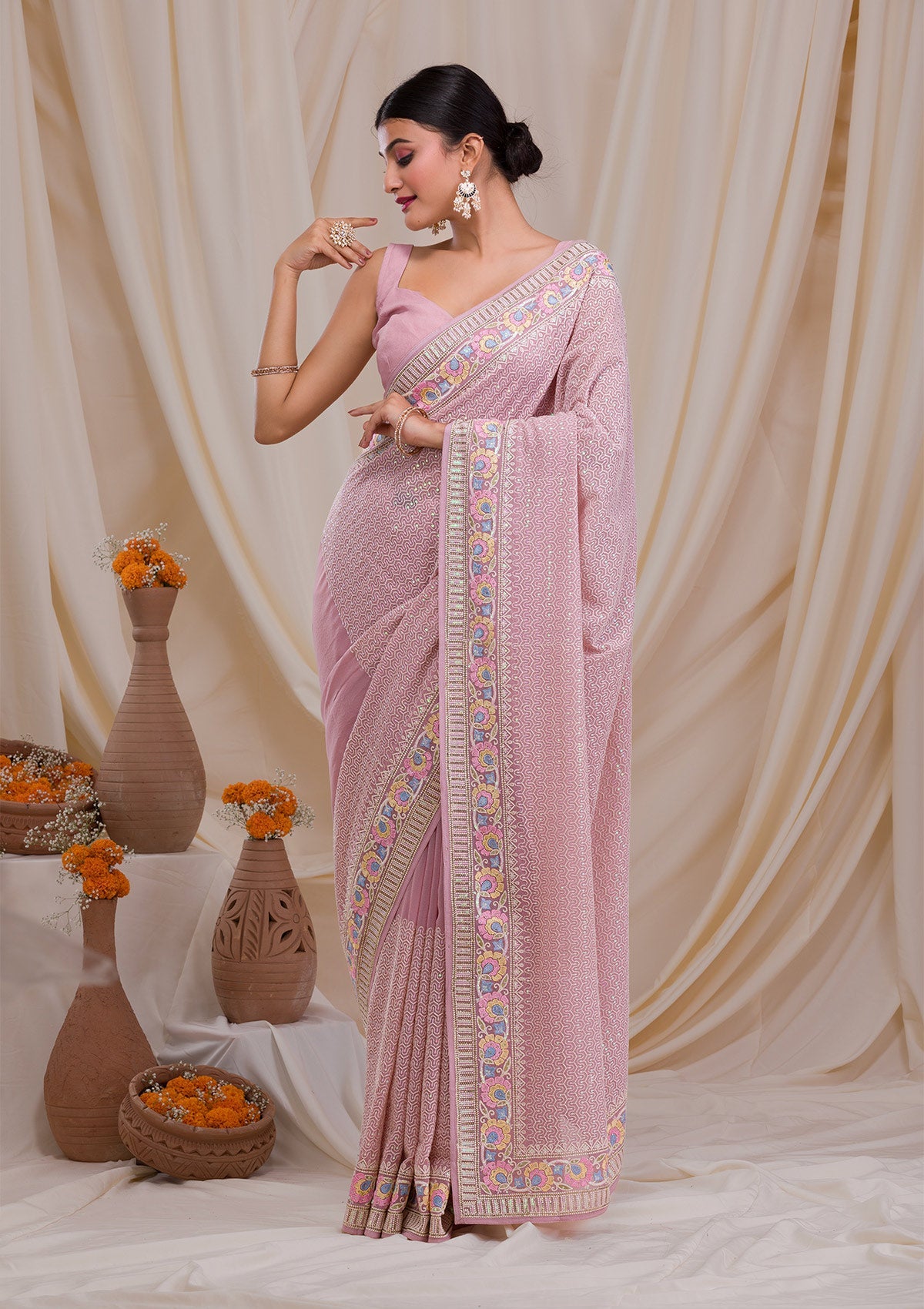 Lavender Threadwork Georgette Saree-Koskii