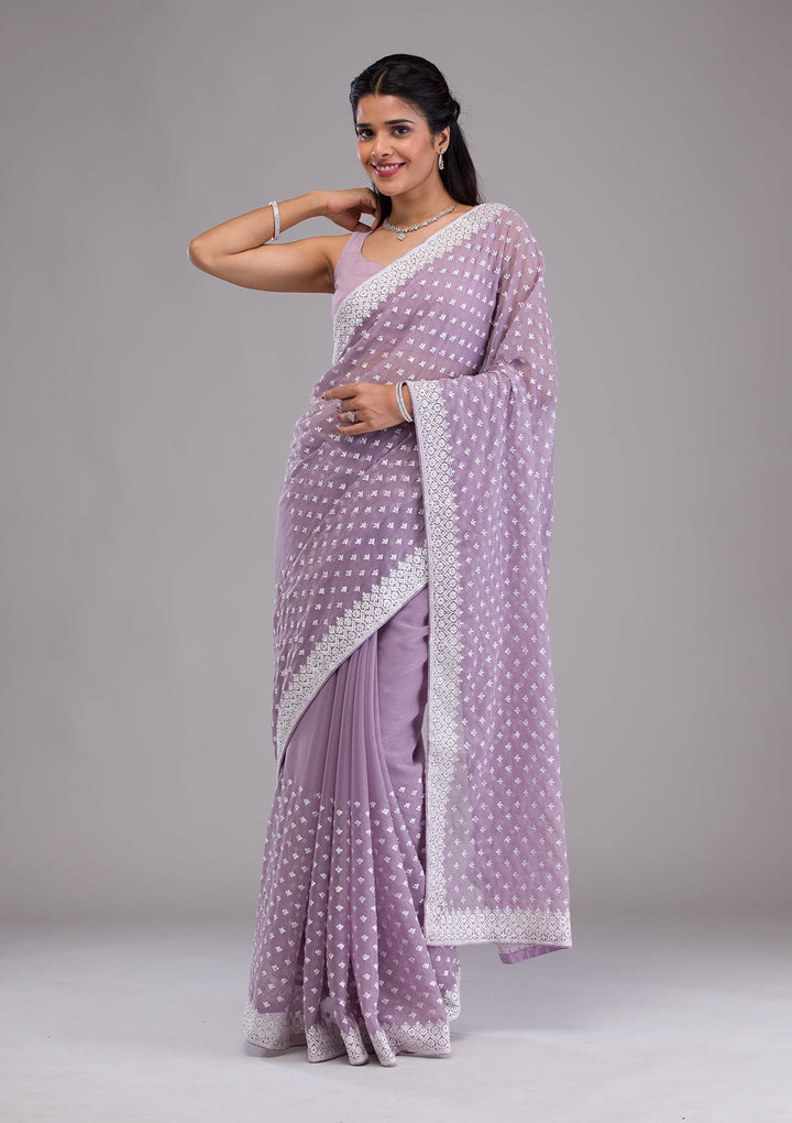 Lavender Threadwork Georgette Saree-Koskii