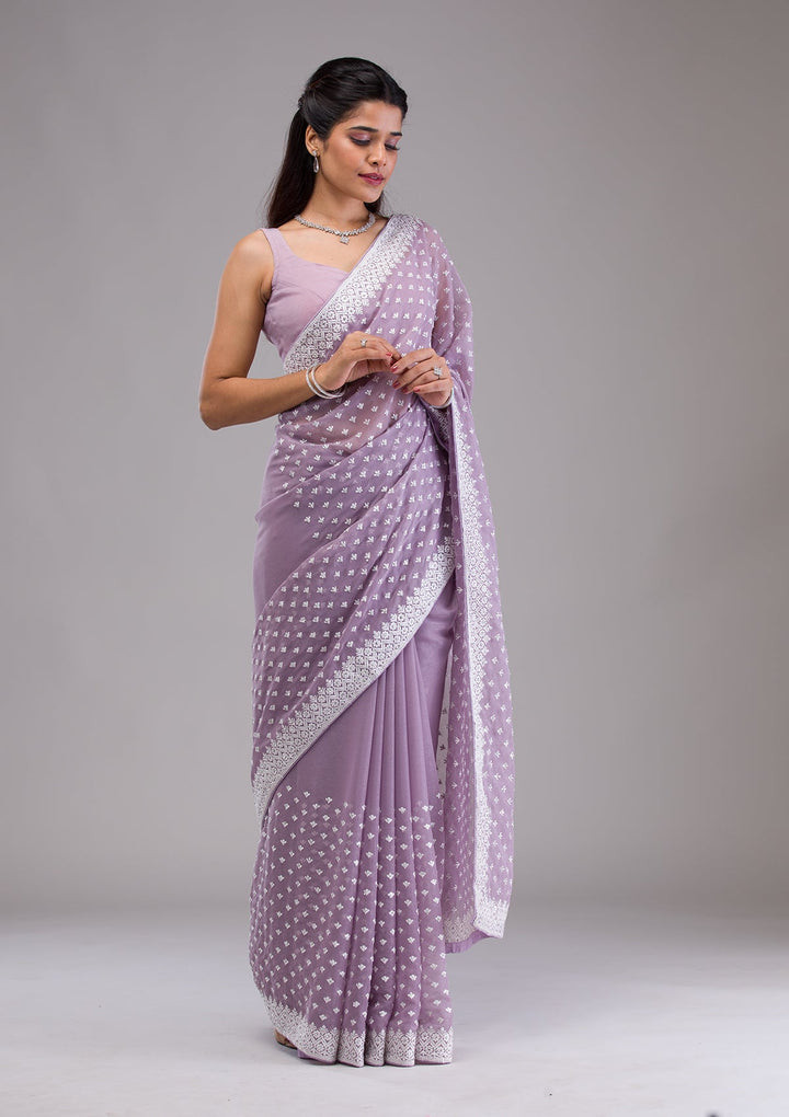 Lavender Threadwork Georgette Saree-Koskii