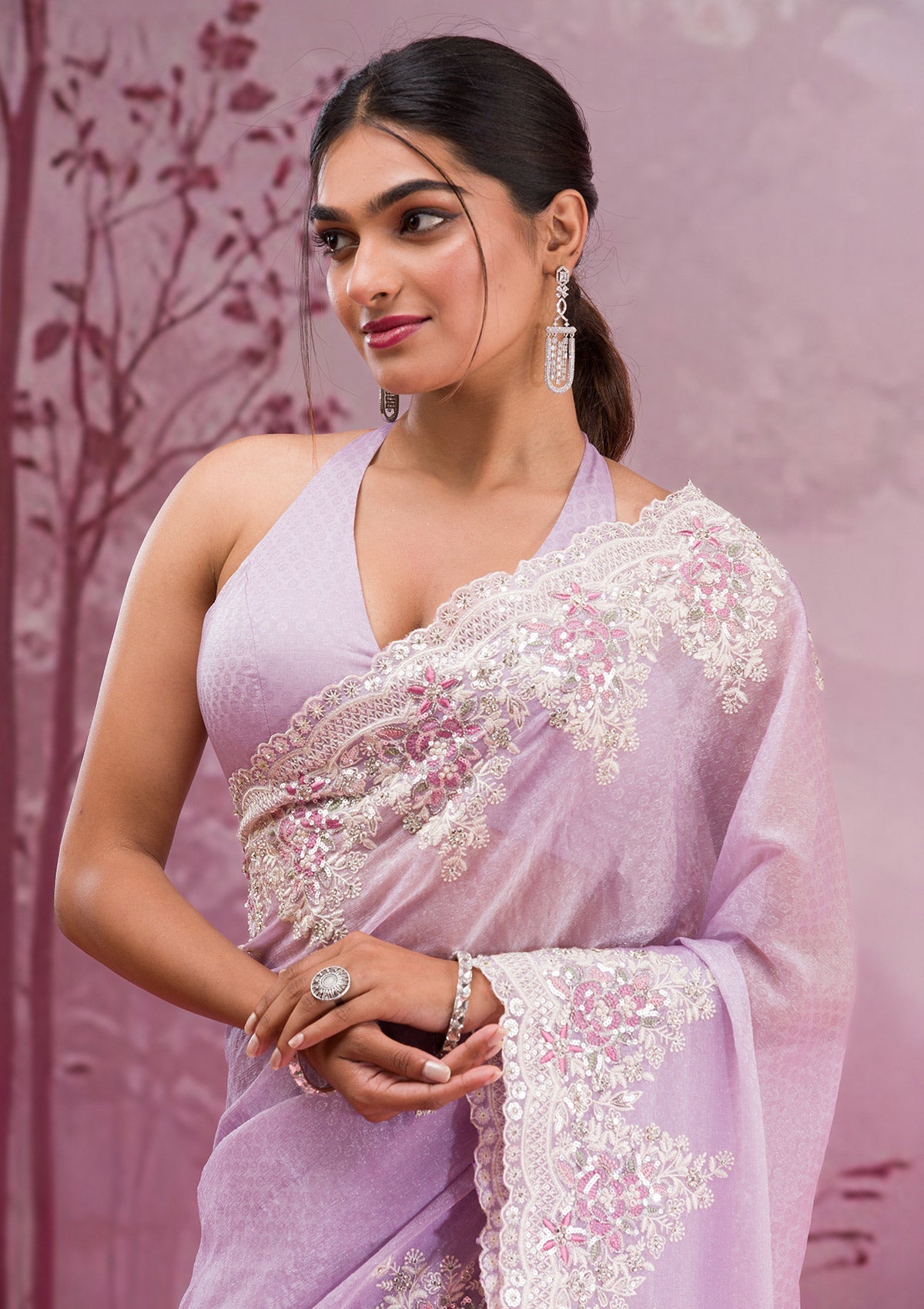 Lavender Threadwork Georgette Saree-Koskii