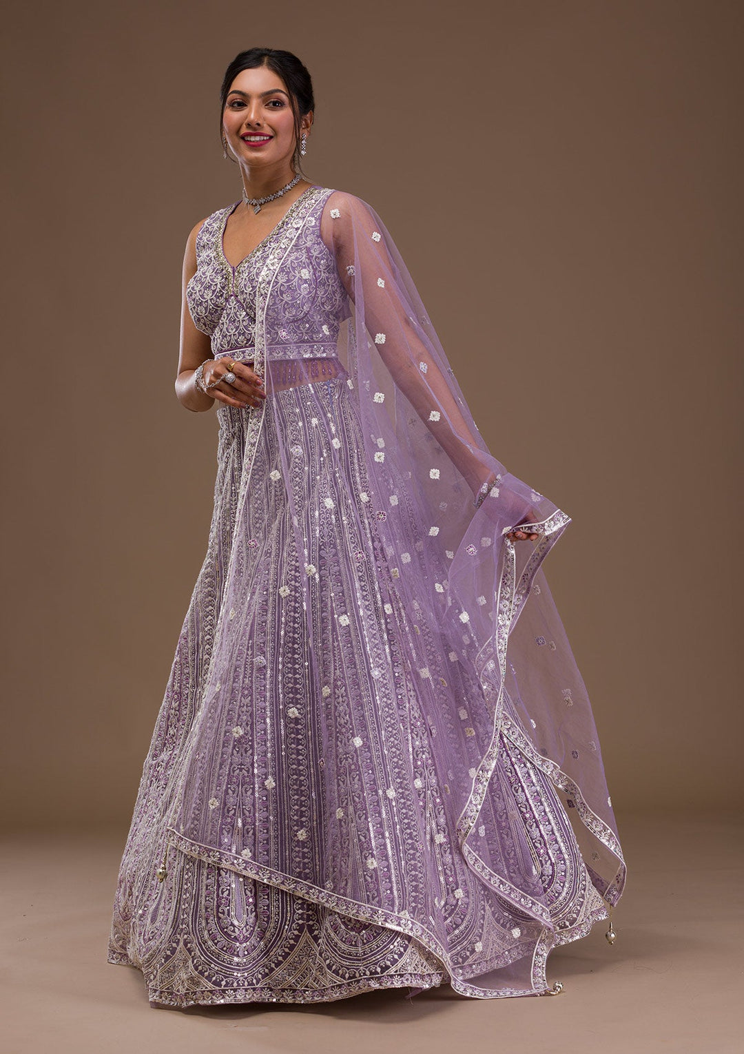 Lavender Threadwork Net Readymade Lehenga-Koskii