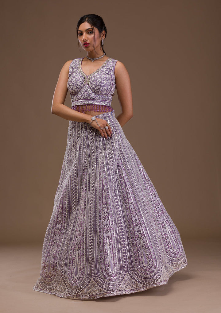 Lavender Threadwork Net Readymade Lehenga-Koskii