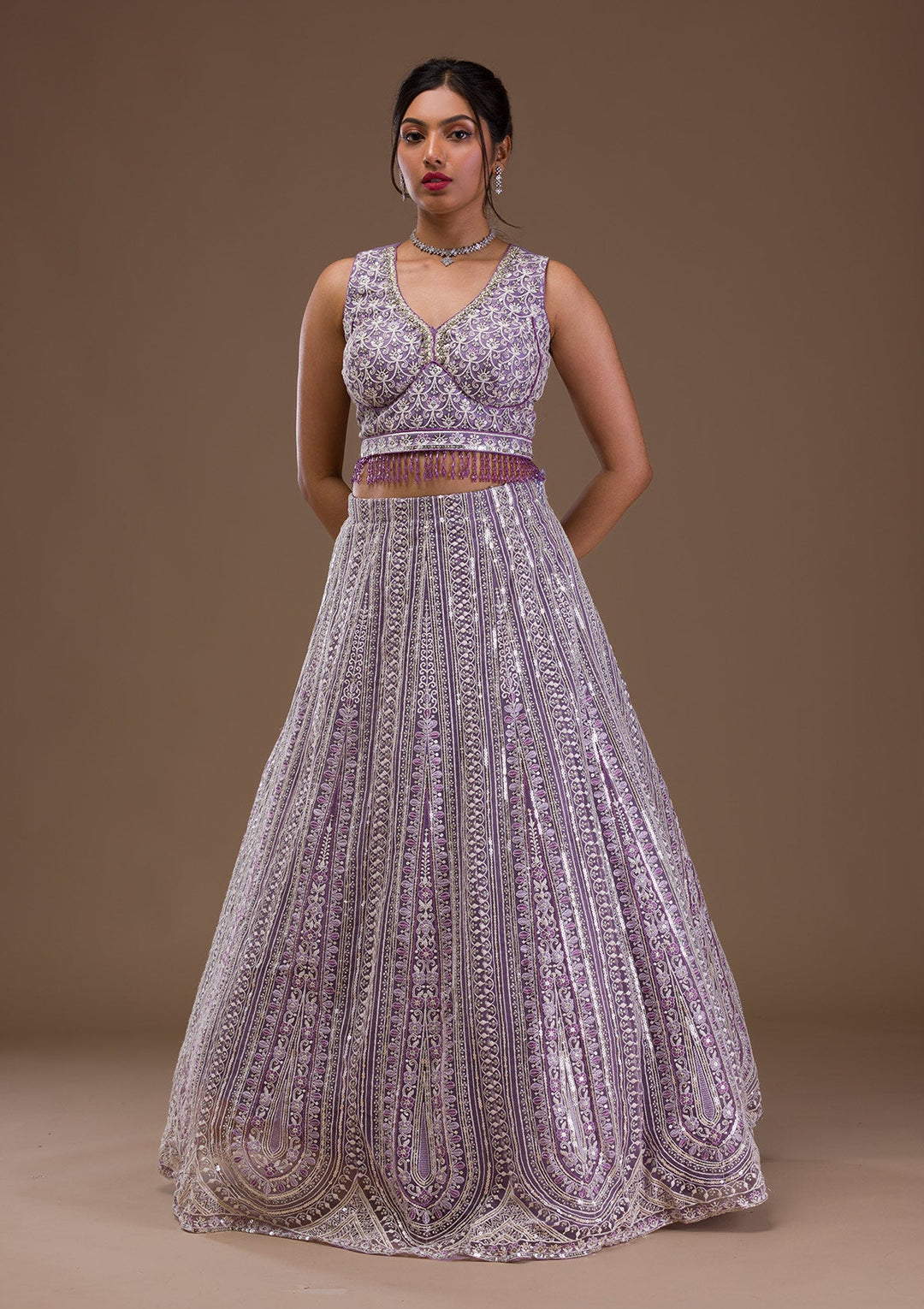 Lavender Threadwork Net Readymade Lehenga-Koskii