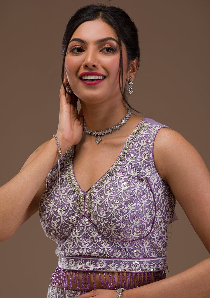 Lavender Threadwork Net Readymade Lehenga-Koskii