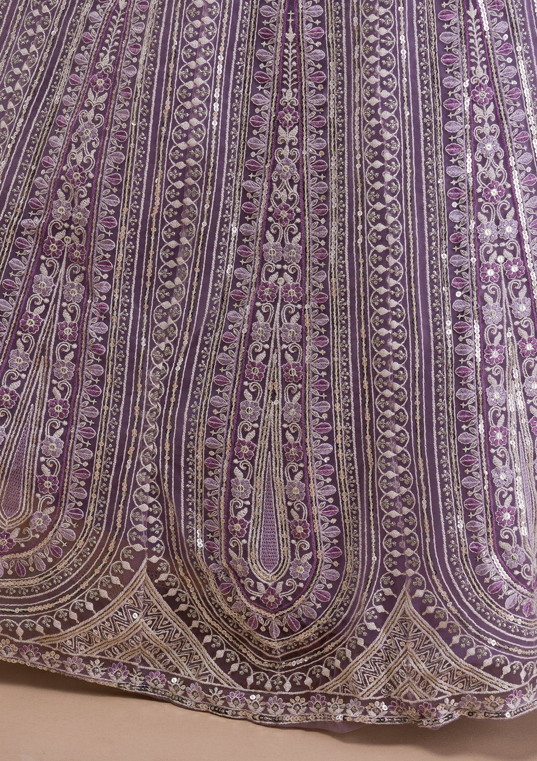Lavender Threadwork Net Readymade Lehenga-Koskii