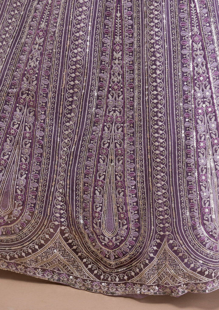 Lavender Threadwork Net Readymade Lehenga-Koskii