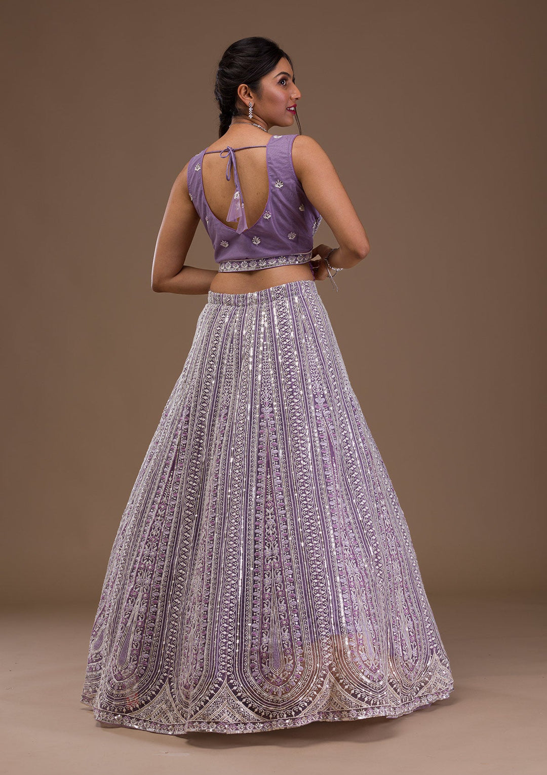 Lavender Threadwork Net Readymade Lehenga-Koskii