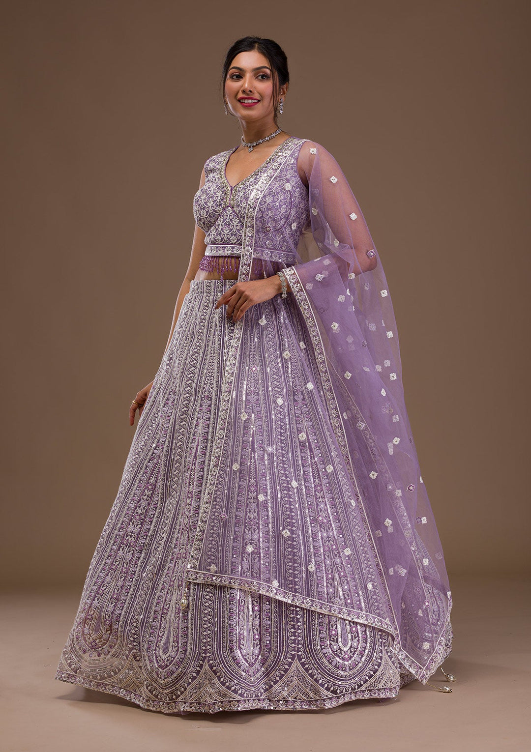 Lavender Threadwork Net Readymade Lehenga-Koskii