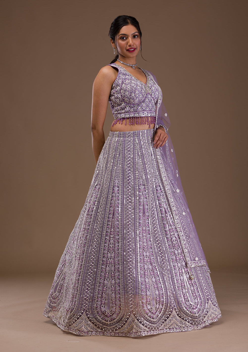 Lavender Threadwork Net Readymade Lehenga-Koskii