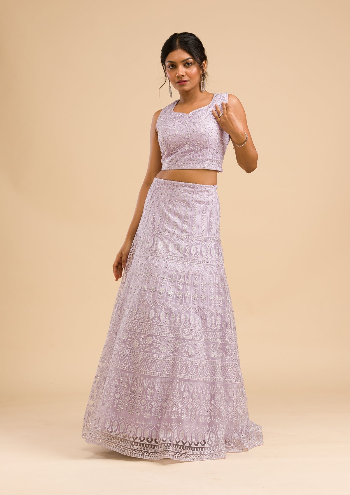 Lavender Threadwork Net Readymade Lehenga-Koskii