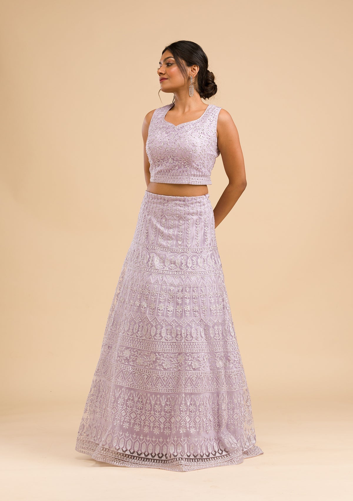 Lavender Threadwork Net Readymade Lehenga-Koskii