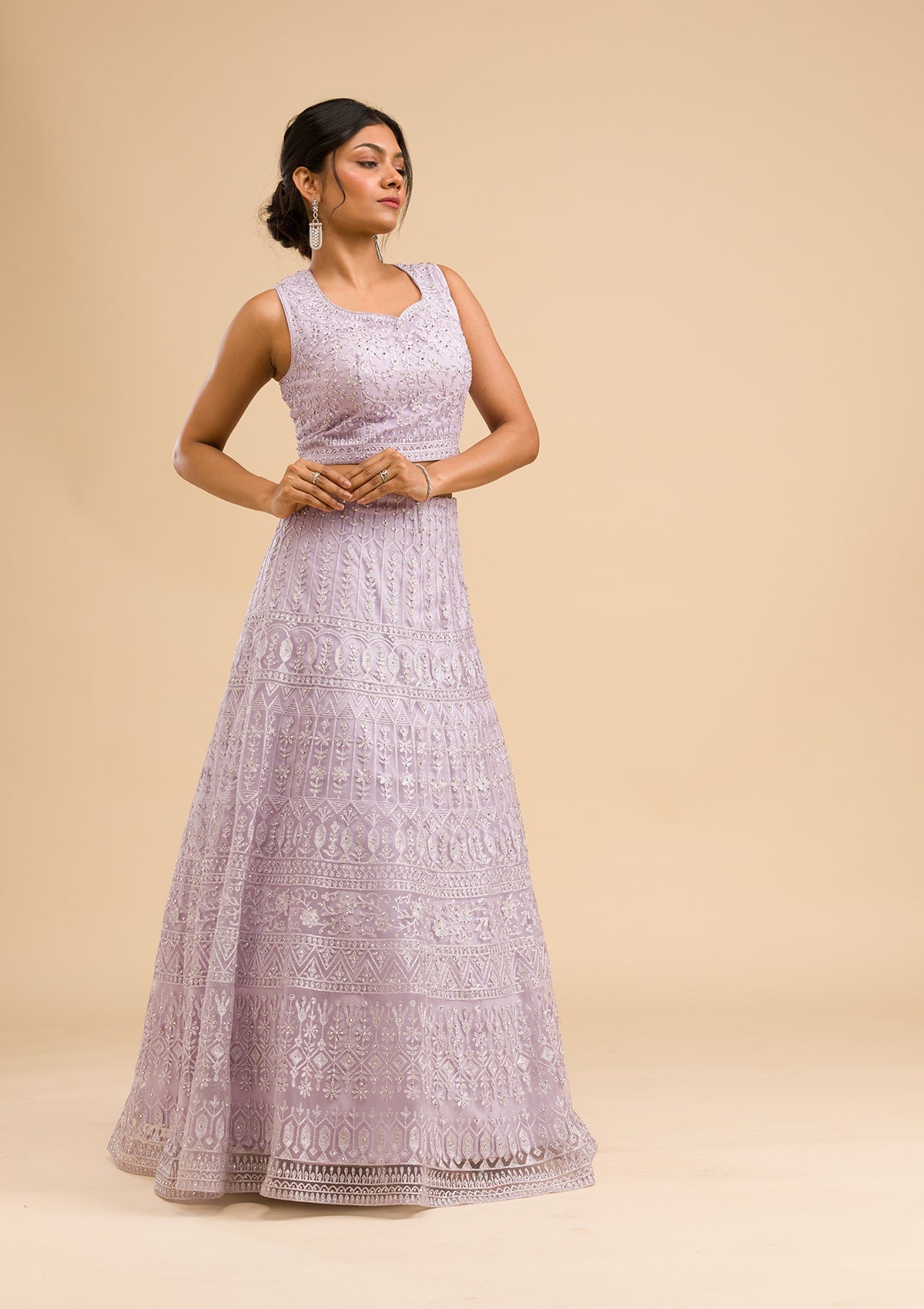 Lavender Threadwork Net Readymade Lehenga-Koskii