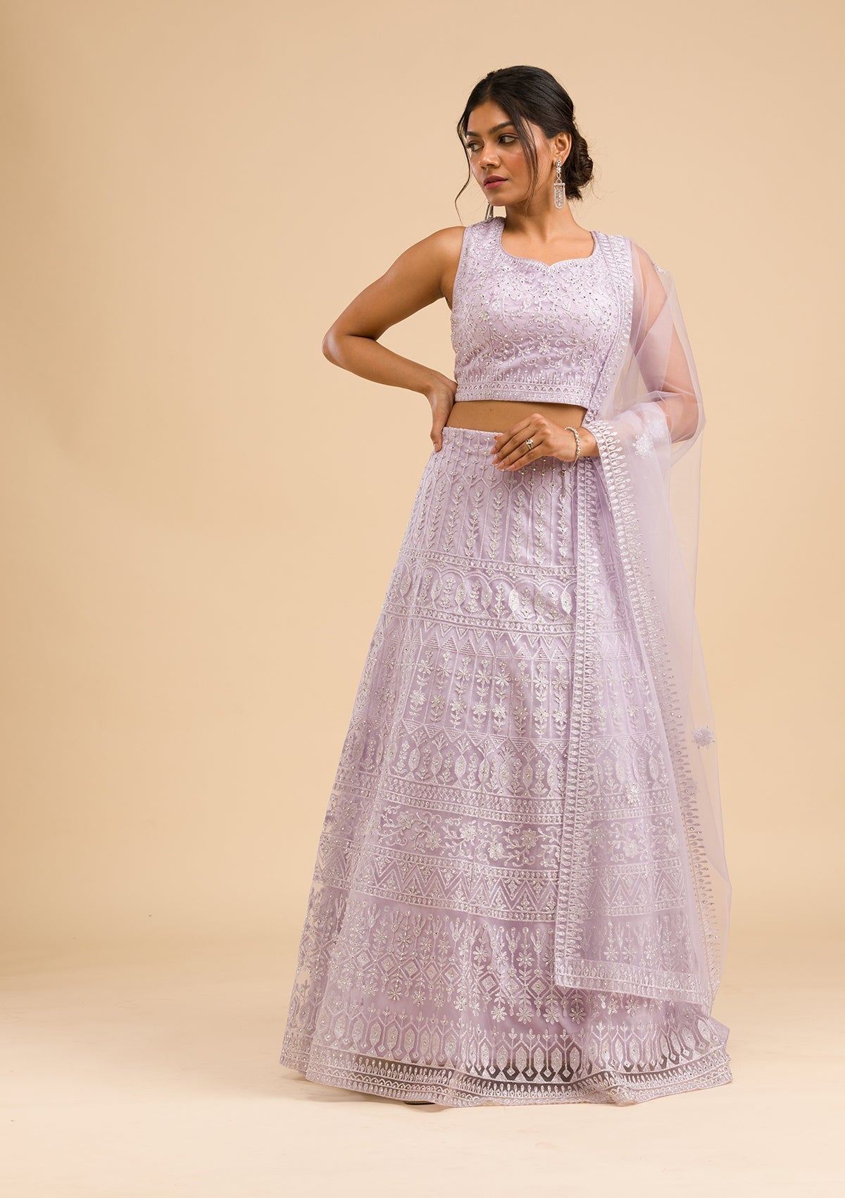 Lavender Threadwork Net Readymade Lehenga-Koskii