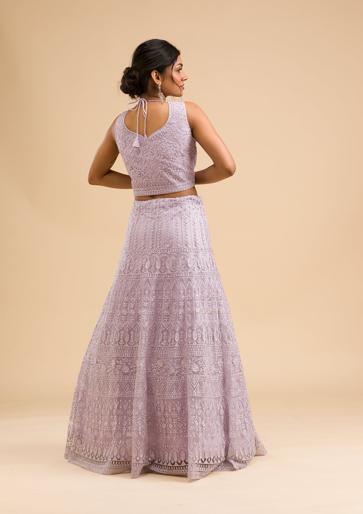 Lavender Threadwork Net Readymade Lehenga-Koskii