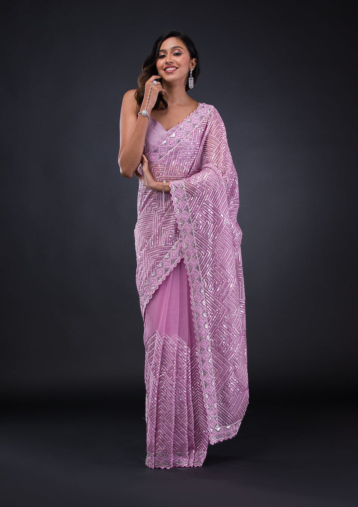 Lavender Threadwork Net Saree-Koskii