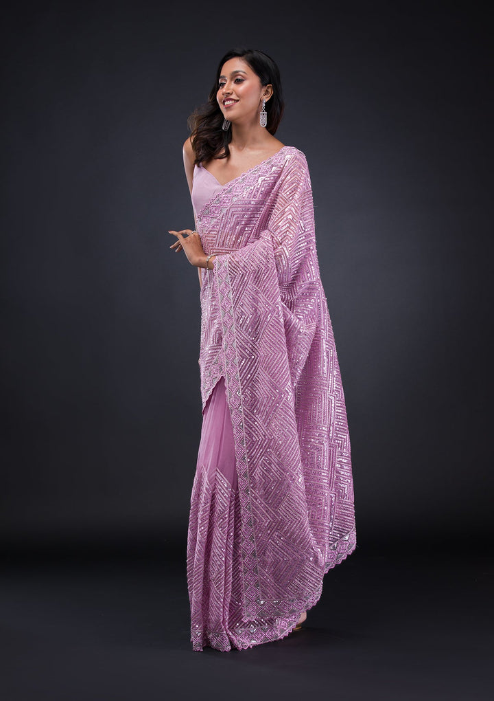 Lavender Threadwork Net Saree-Koskii