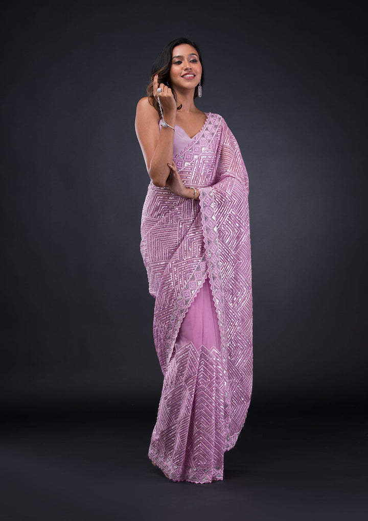 Lavender Threadwork Net Saree-Koskii