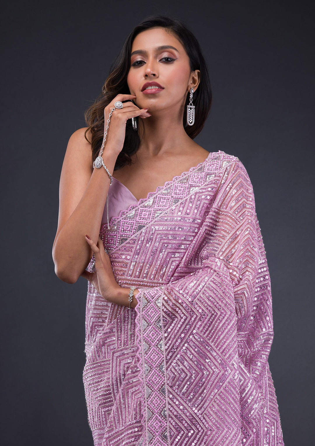 Lavender Threadwork Net Saree-Koskii