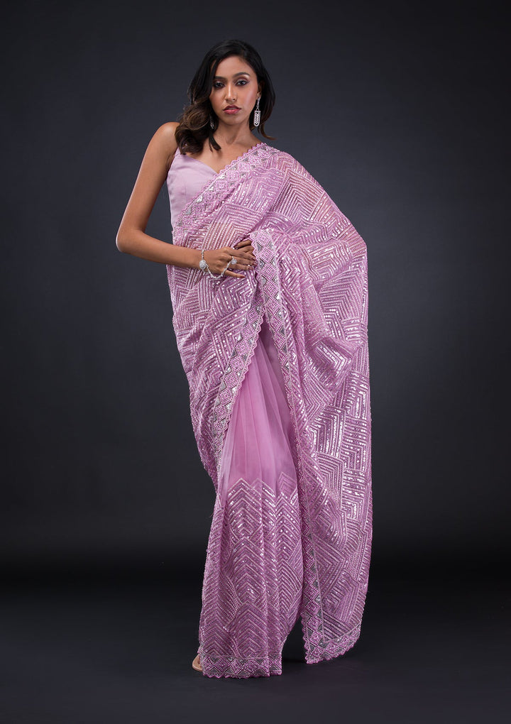 Lavender Threadwork Net Saree-Koskii