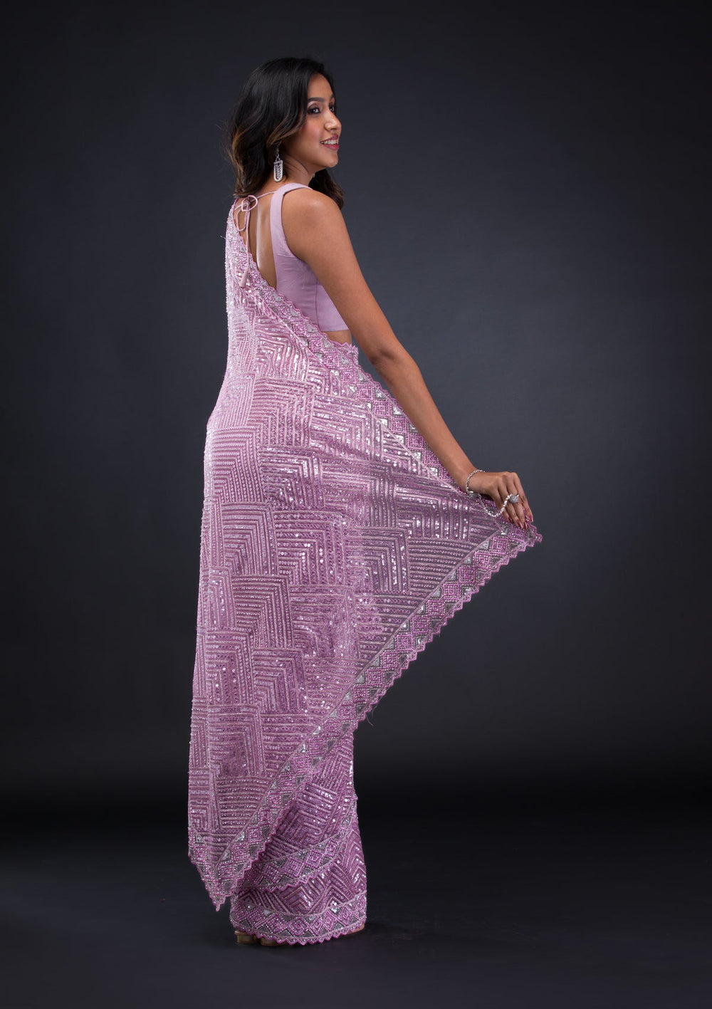 Lavender Threadwork Net Saree-Koskii