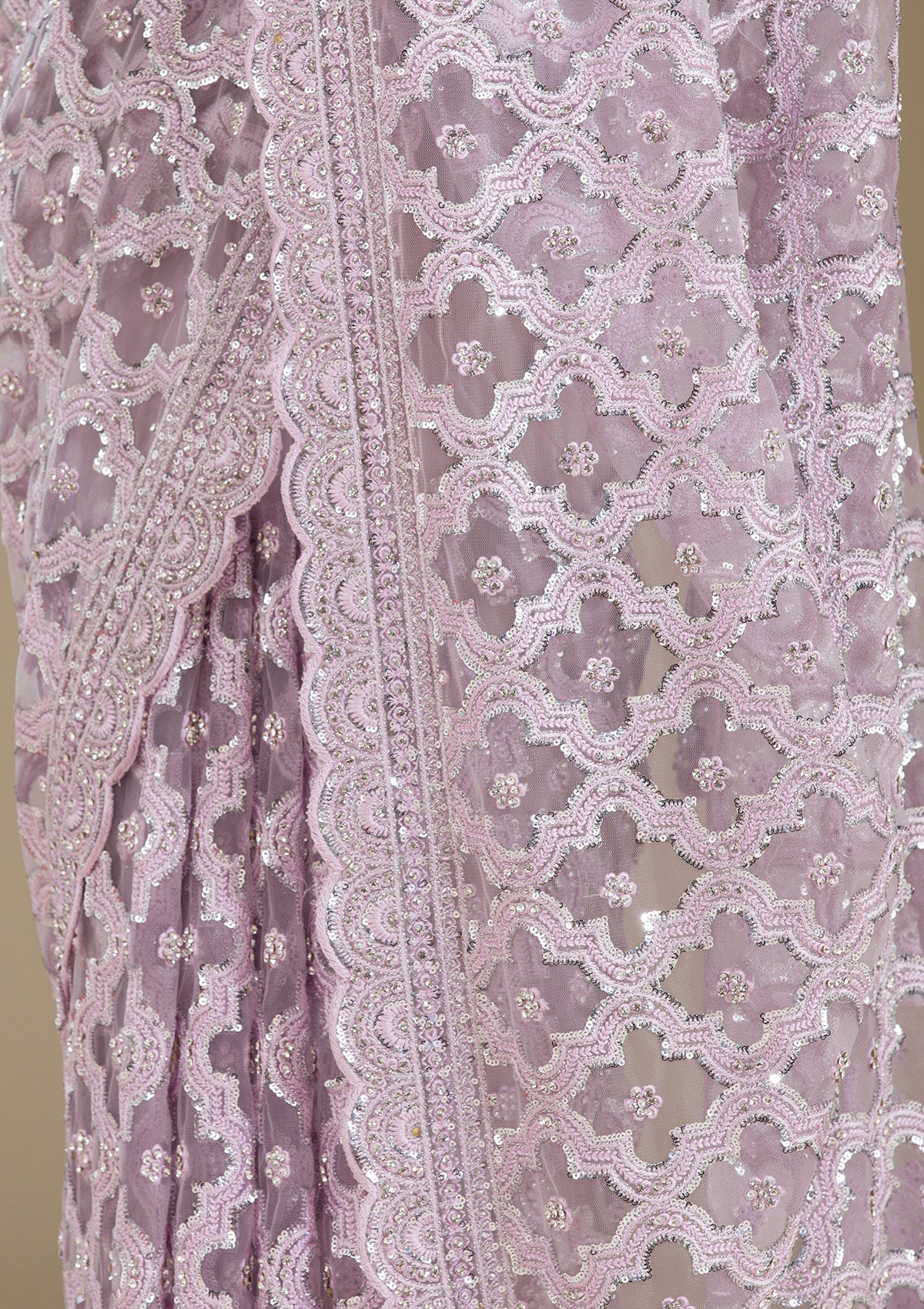 Lavender Threadwork Net Saree-Koskii