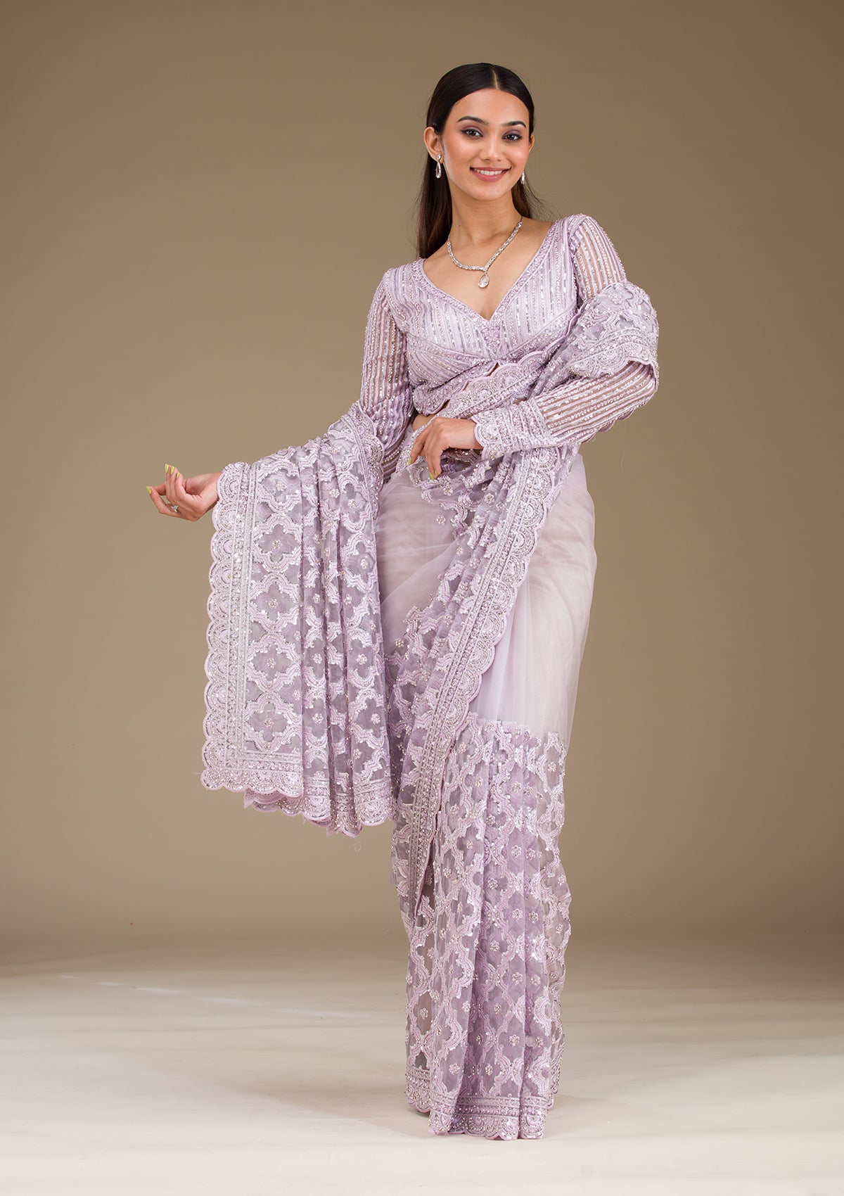 Lavender Threadwork Net Saree-Koskii