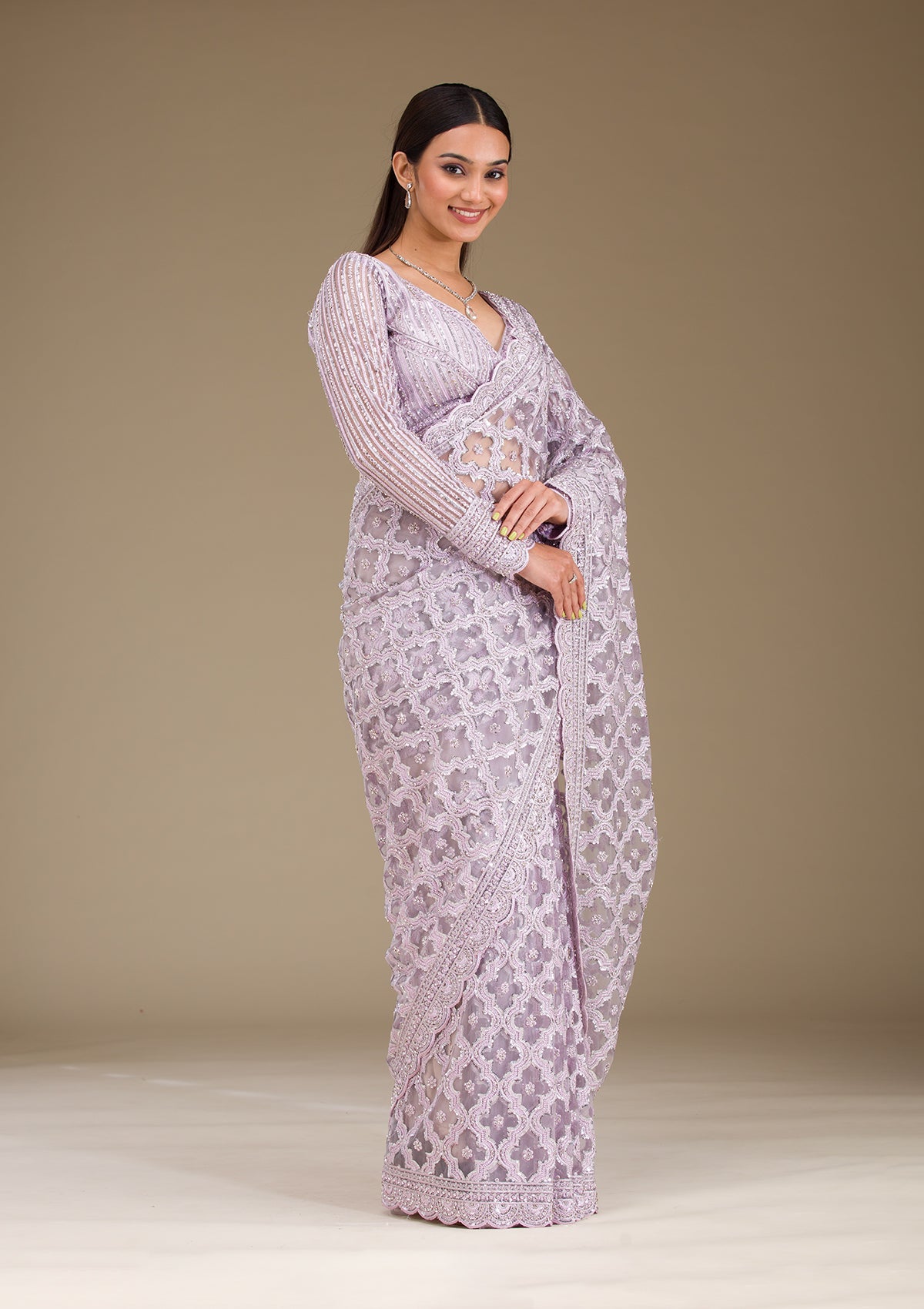 Lavender Threadwork Net Saree-Koskii