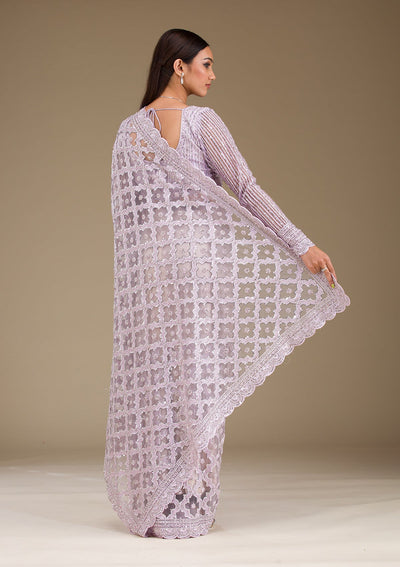 Lavender Threadwork Net Saree-Koskii