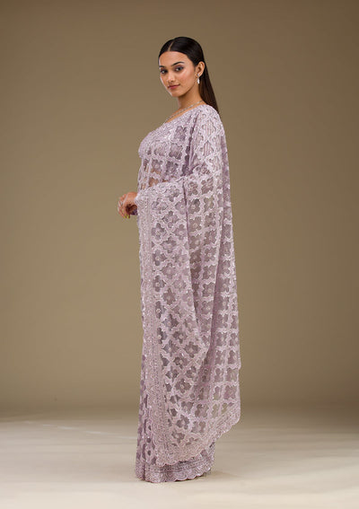 Lavender Threadwork Net Saree-Koskii