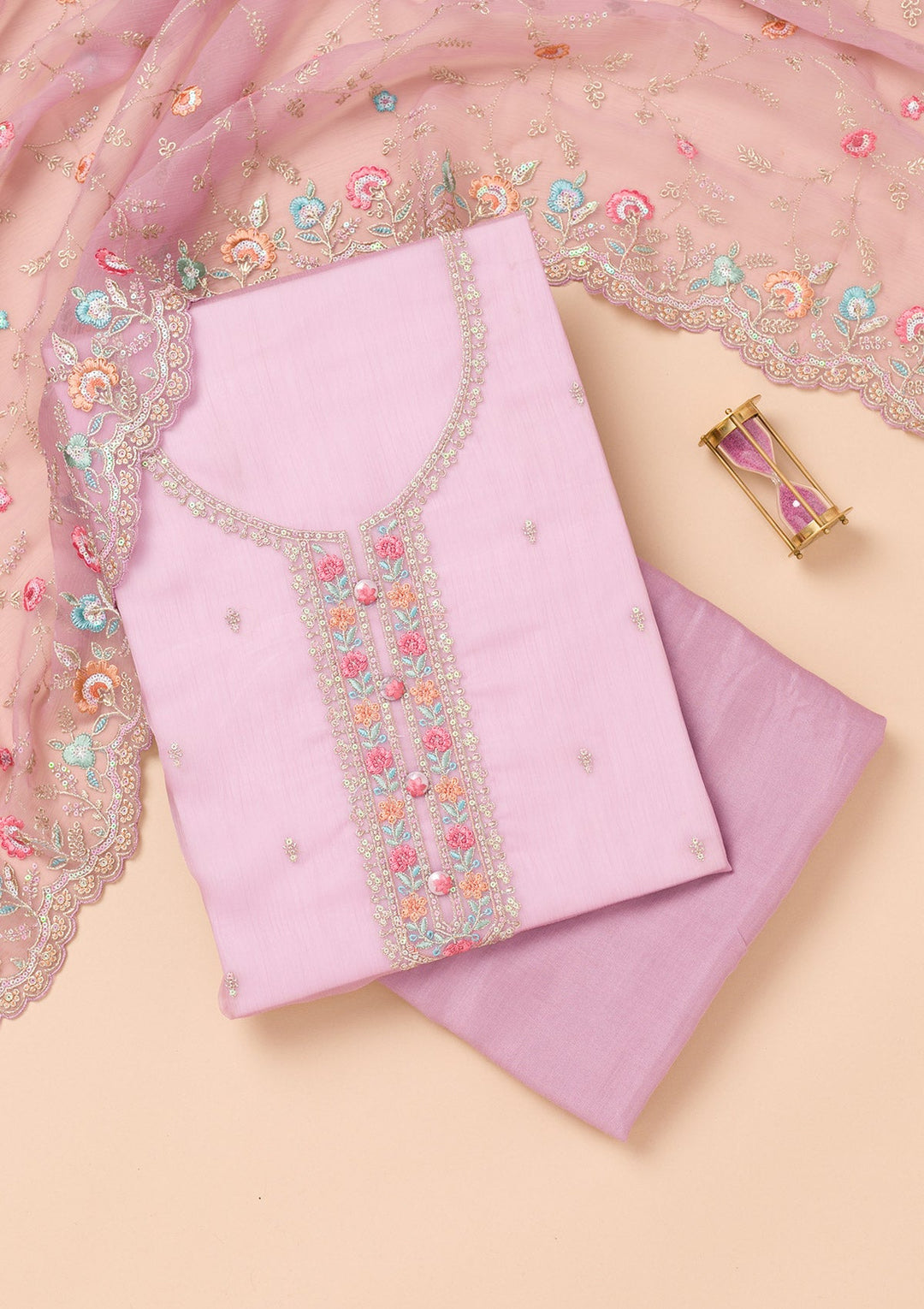 Lavender Threadwork Organza Unstitched Salwar Suit-Koskii