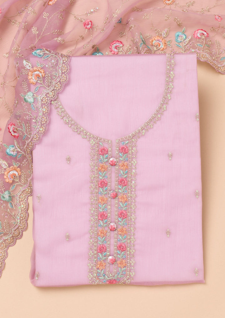 Lavender Threadwork Organza Unstitched Salwar Suit-Koskii