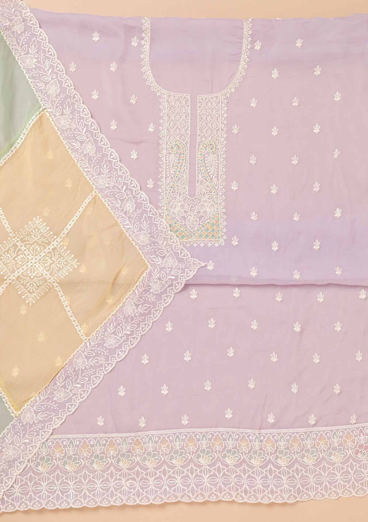 Lavender Threadwork Organza Unstitched Salwar Suit-Koskii