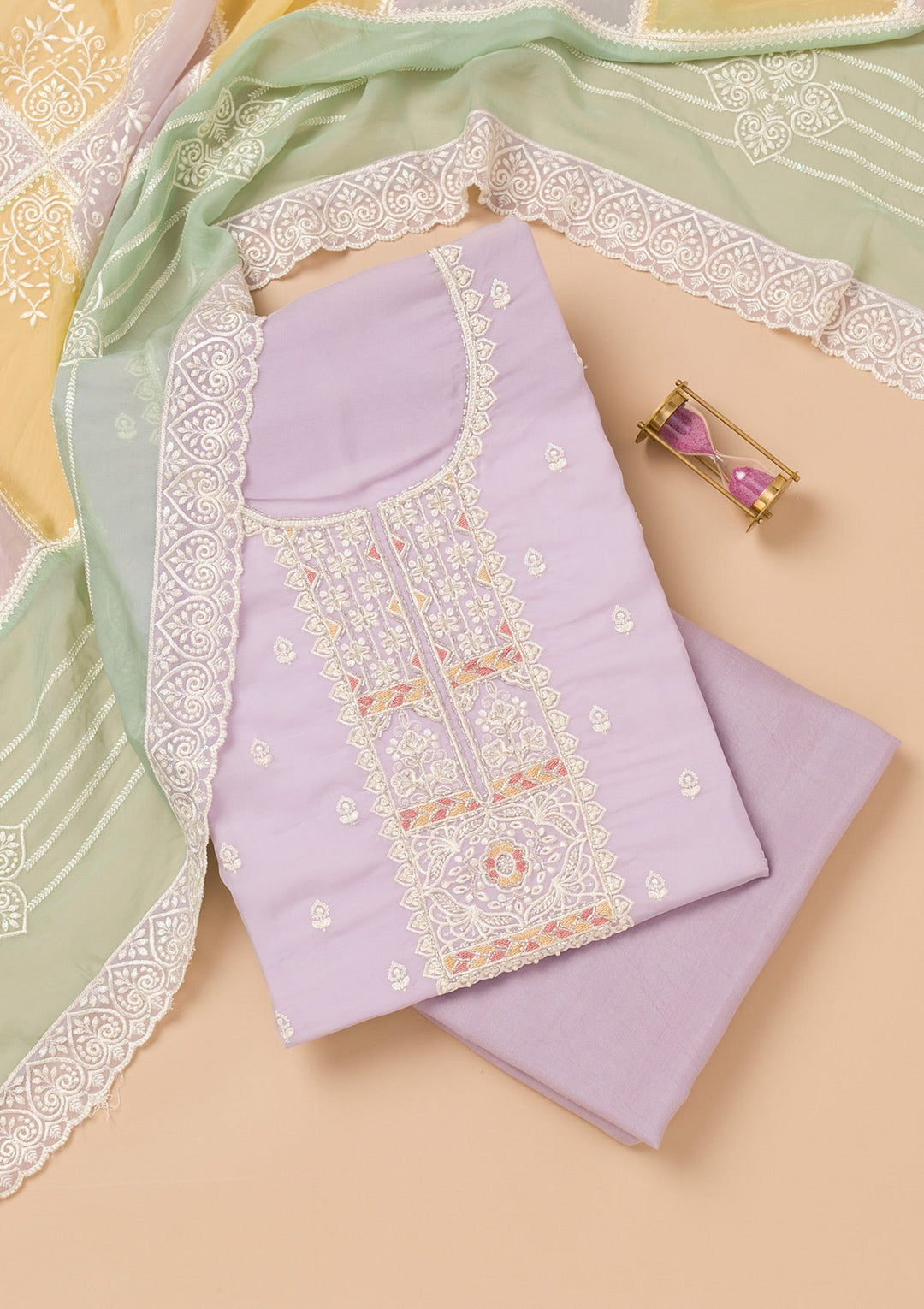 Lavender Threadwork Organza Unstitched Salwar Kameez-Koskii