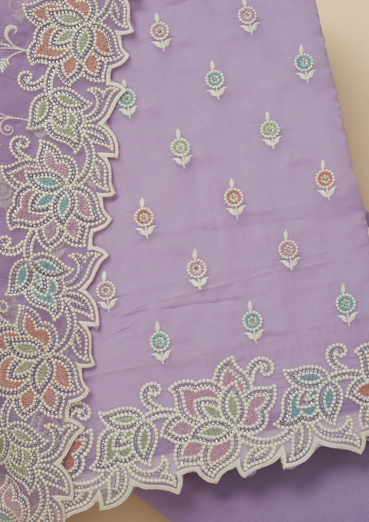 Lavender Threadwork Organza Unstitched Salwar Suit-Koskii