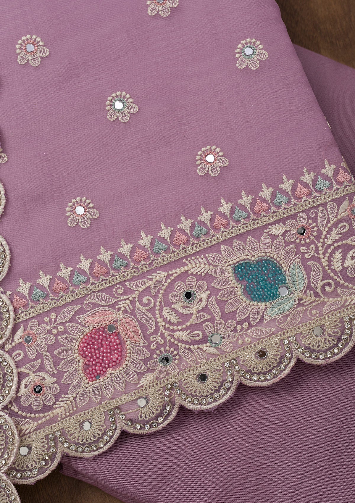 Lavender Threadwork Organza Unstitched Salwar Suit-Koskii