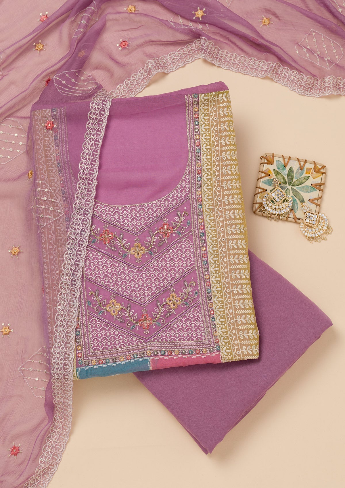 Lavender Threadwork Organza Unstitched Salwar Suit-Koskii