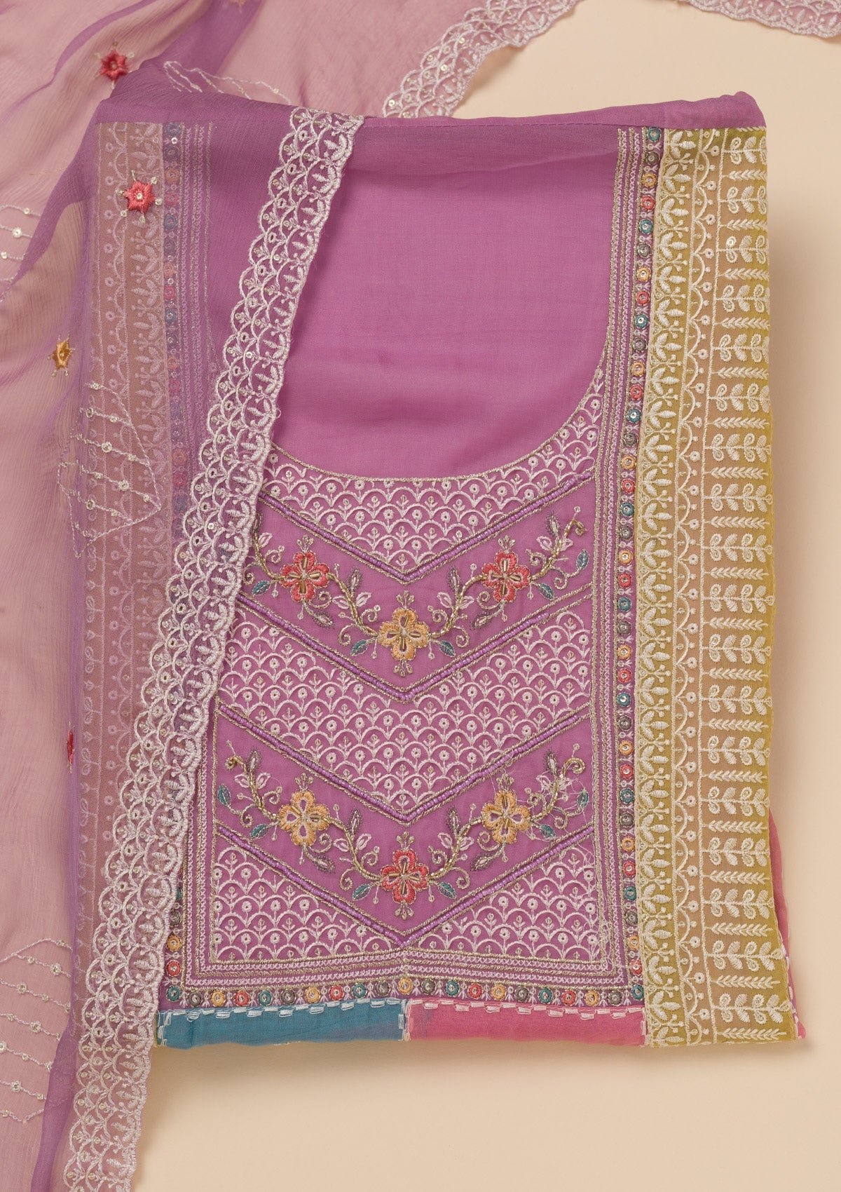 Lavender Threadwork Organza Unstitched Salwar Suit-Koskii