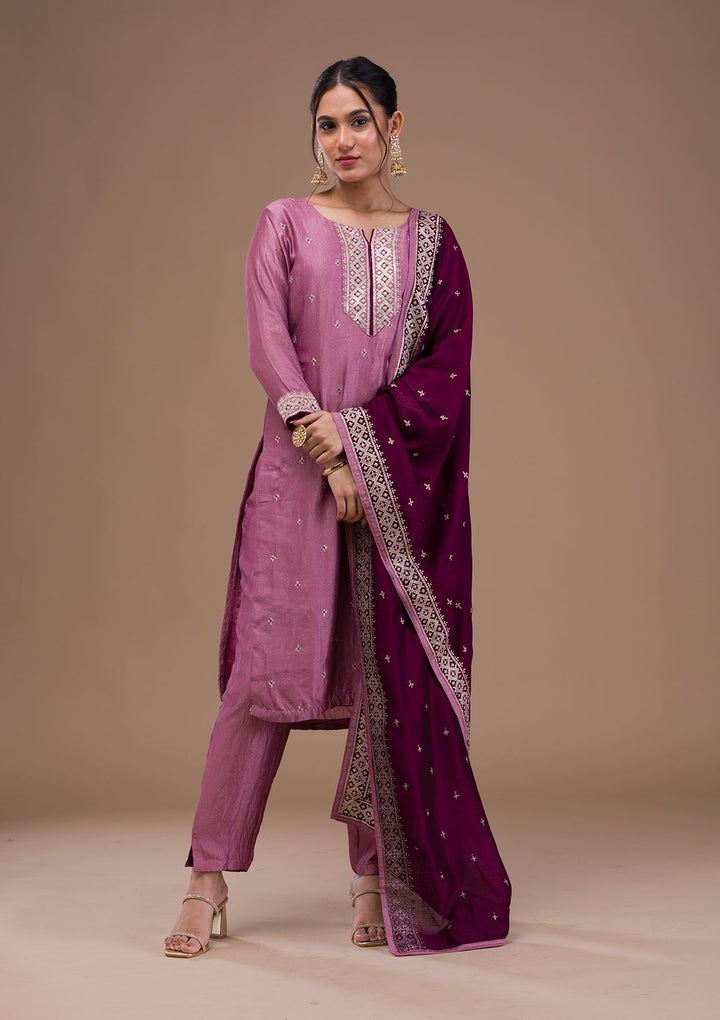 Lavender Threadwork Rawsilk Readymade Salwar Suit-Koskii