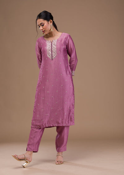 Lavender Threadwork Rawsilk Readymade Salwar Suit-Koskii