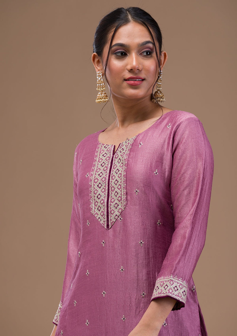 Lavender Threadwork Rawsilk Readymade Salwar Suit-Koskii