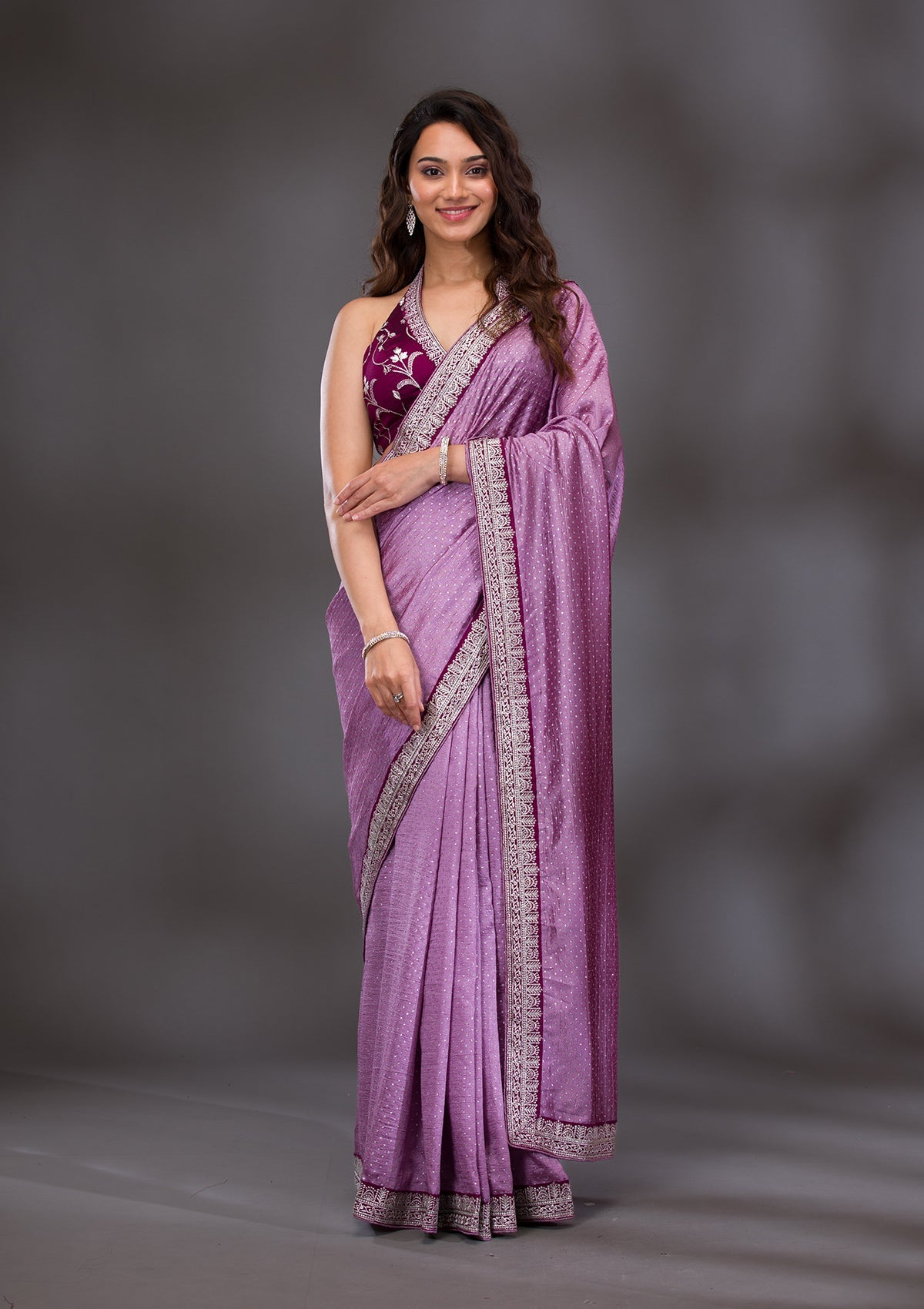 Lavender Threadwork Raw Silk Saree-Koskii