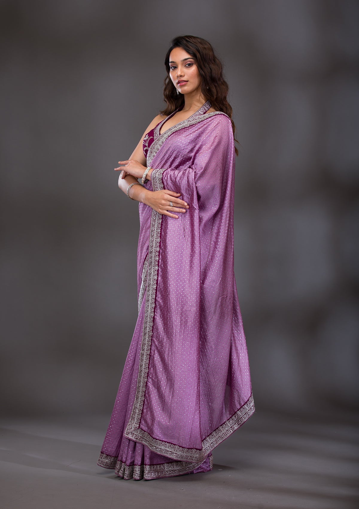 Lavender Threadwork Raw Silk Saree-Koskii