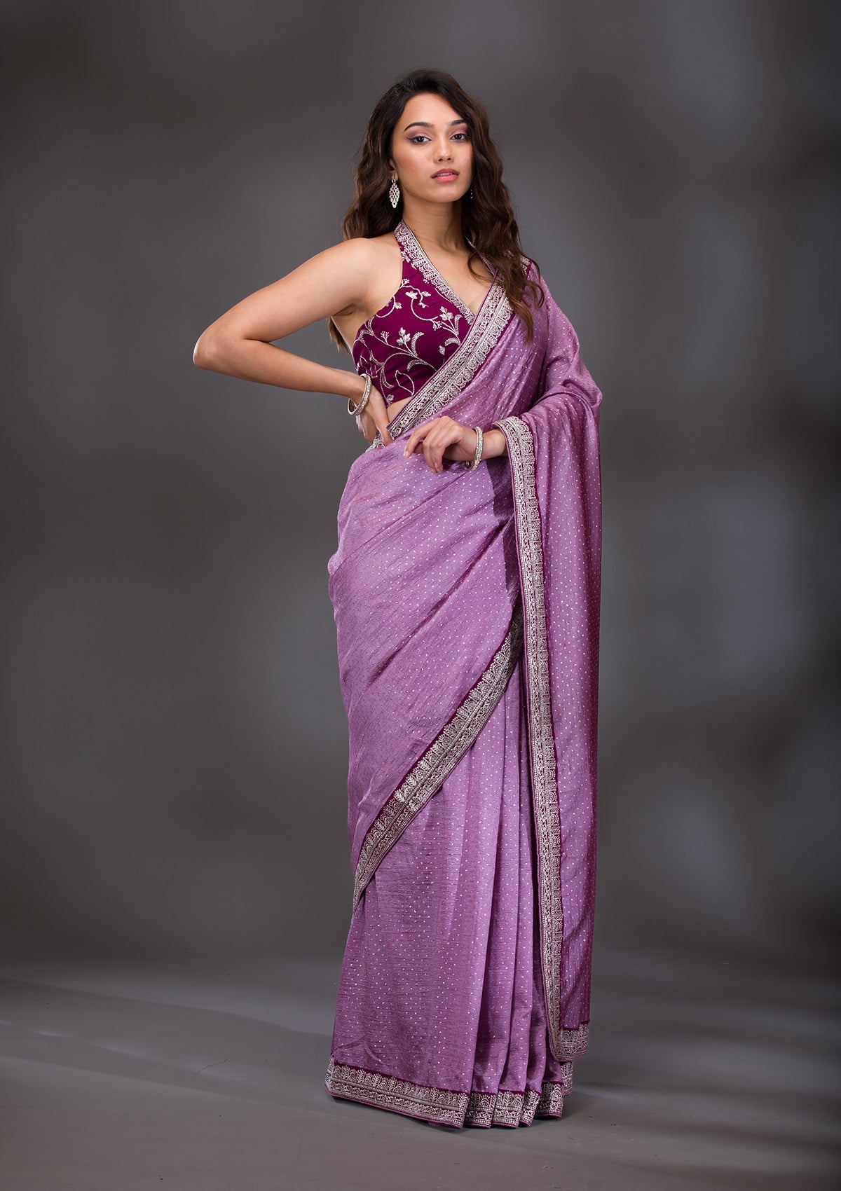 Lavender Threadwork Raw Silk Saree-Koskii