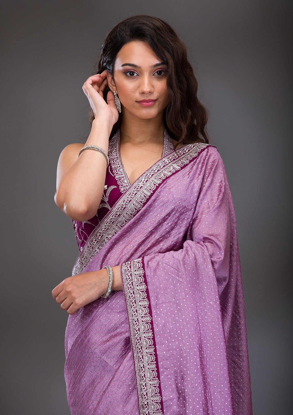 Lavender Threadwork Raw Silk Saree-Koskii