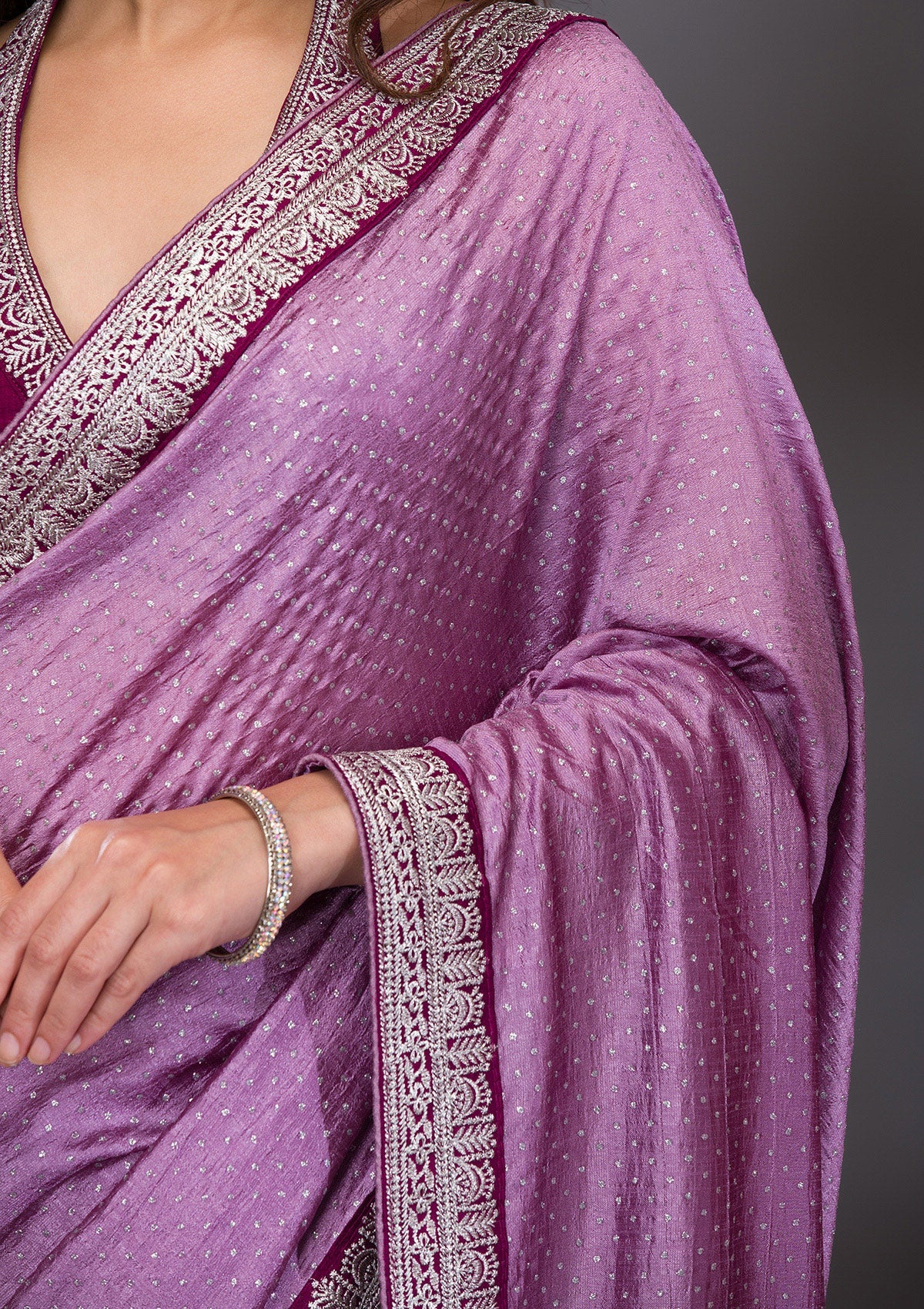 Lavender Threadwork Raw Silk Saree-Koskii