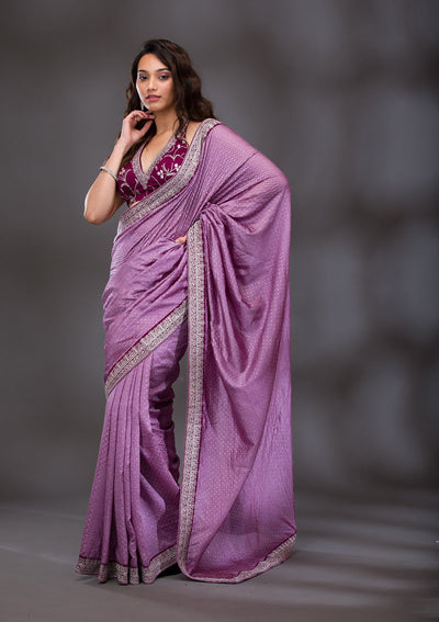 Lavender Threadwork Raw Silk Saree-Koskii