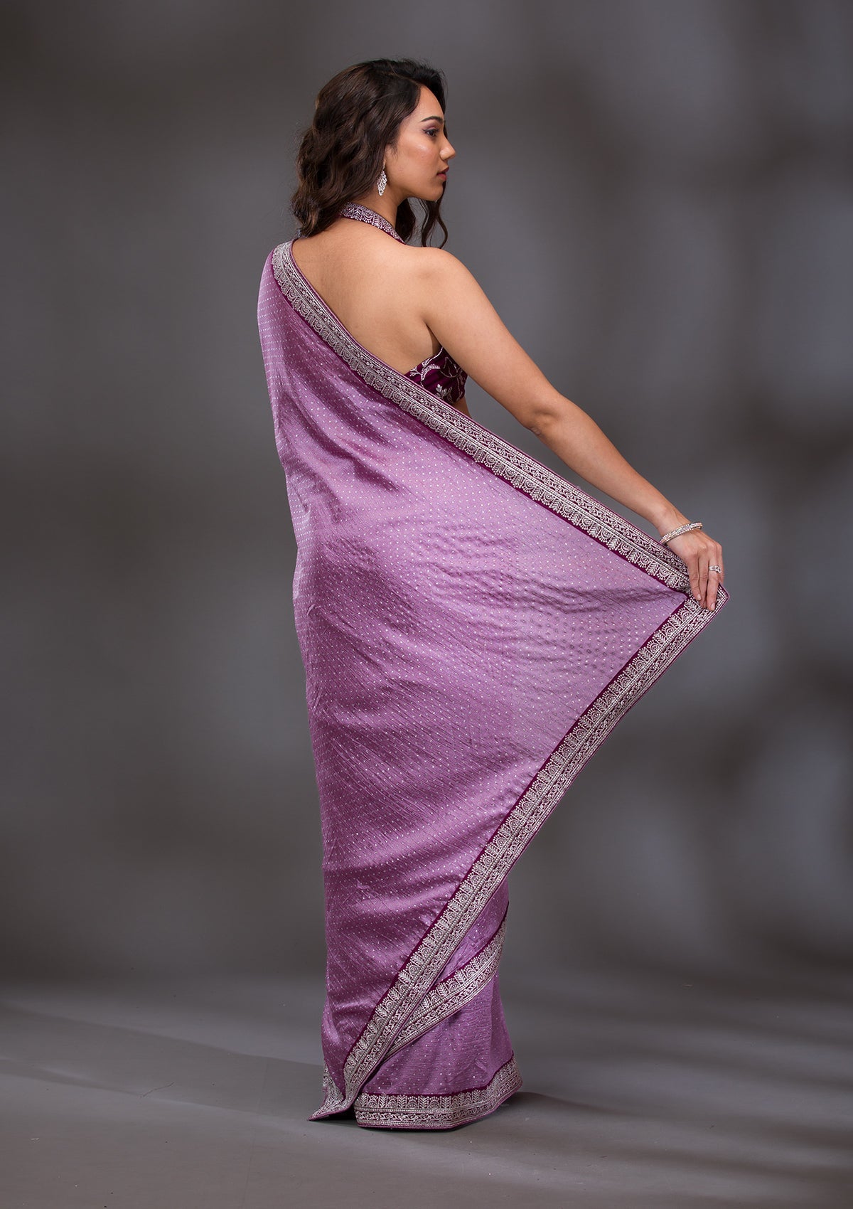 Lavender Threadwork Raw Silk Saree-Koskii